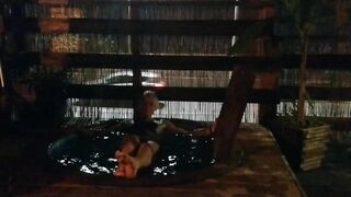 Alexa Cosmic swimming in pool after sauna in new t-shirt and black short sexy shorts. Wetlook in sauna.