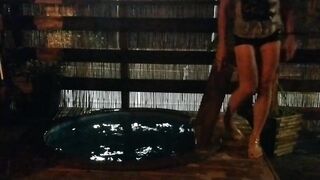 Alexa Cosmic swimming in pool after sauna in new t-shirt and black short sexy shorts. Wetlook in sauna.