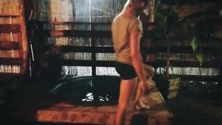 Alexa Cosmic swimming in pool after sauna in new t-shirt and black short sexy shorts. Wetlook in sauna.