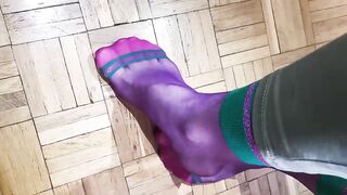 My sexy feet in green-violet nylon socks