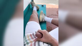 jerking at busstop with cars driving by and caught when cumming