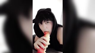 Femboy sissy twink sucks on huge dragon dildo