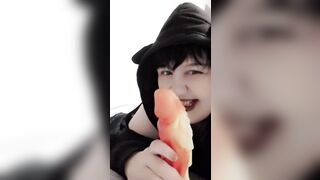 Femboy sissy twink sucks on huge dragon dildo