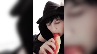 Femboy sissy twink sucks on huge dragon dildo