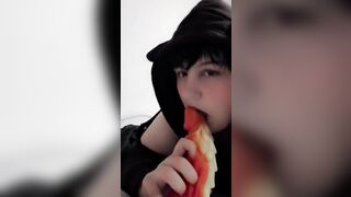 Femboy sissy twink sucks on huge dragon dildo