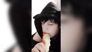 Femboy sissy twink sucks on huge dragon dildo