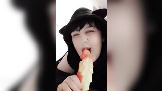 Femboy sissy twink sucks on huge dragon dildo