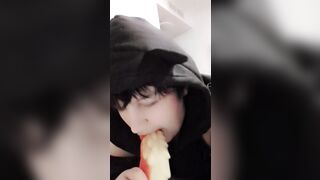 Femboy sissy twink sucks on huge dragon dildo