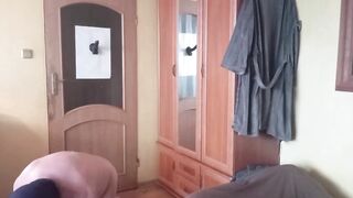 Slave spanks its tied balls and sucks dildo penis