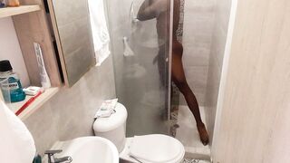 Fit stud bathing after masturbating / Play in the shower Huge dick having fun/huge soft black cock