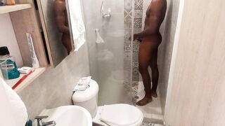 Fit stud bathing after masturbating / Play in the shower Huge dick having fun/huge soft black cock