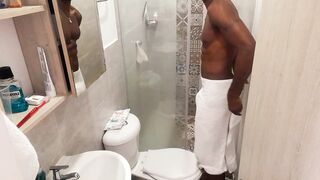Fit stud bathing after masturbating / Play in the shower Huge dick having fun/huge soft black cock