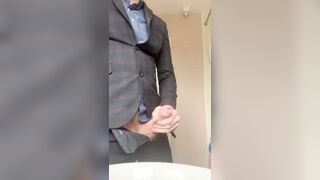Suited manager wanking into the sink using his big cock - hard, hung and horny shirt and tie cumming