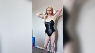 Sissy Shemale Slut wares Playboy Bunny Costume and shows her Ass to camera
