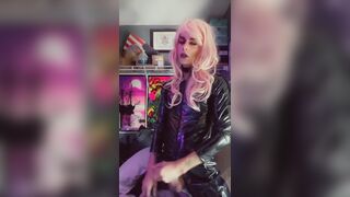 Sissy in Latex Catsuit Strokes and Shows Ass