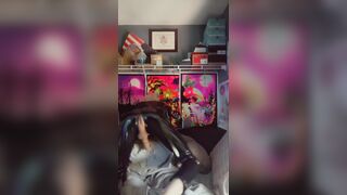 Sissy in Latex Catsuit Strokes and Shows Ass