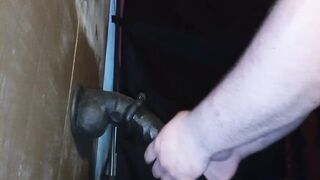 Chubby guy takes long black dildo using rockingchair