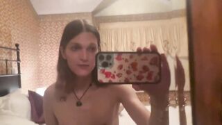 Horny trans girl strips and milks her cock