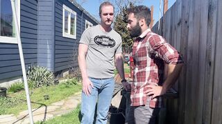 Gardner gets fucked in the yard by hairy boss