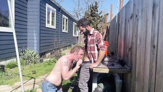 Gardner gets fucked in the yard by hairy boss