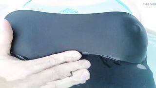 Shemale in sexy one piece swimsuit jerking in jaccuzzi