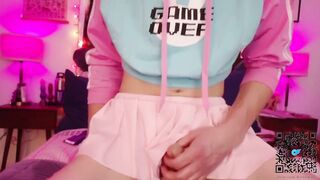 Femboy plays with tail before riding big dildo