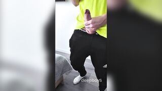 A sporty guy decided to relieve tension after coming home from the gym. Masturbation, lots of cum