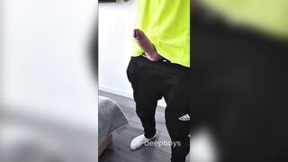 A sporty guy decided to relieve tension after coming home from the gym. Masturbation, lots of cum