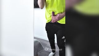 A sporty guy decided to relieve tension after coming home from the gym. Masturbation, lots of cum