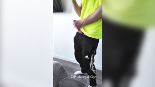 A sporty guy decided to relieve tension after coming home from the gym. Masturbation, lots of cum