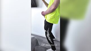 A sporty guy decided to relieve tension after coming home from the gym. Masturbation, lots of cum