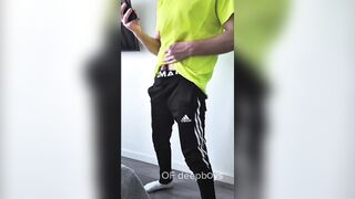 A sporty guy decided to relieve tension after coming home from the gym. Masturbation, lots of cum