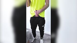 A sporty guy decided to relieve tension after coming home from the gym. Masturbation, lots of cum