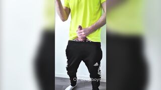 A sporty guy decided to relieve tension after coming home from the gym. Masturbation, lots of cum