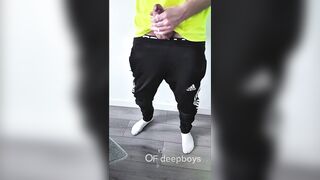 A sporty guy decided to relieve tension after coming home from the gym. Masturbation, lots of cum