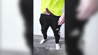 A sporty guy decided to relieve tension after coming home from the gym. Masturbation, lots of cum