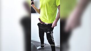 A sporty guy decided to relieve tension after coming home from the gym. Masturbation, lots of cum