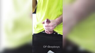 A sporty guy decided to relieve tension after coming home from the gym. Masturbation, lots of cum