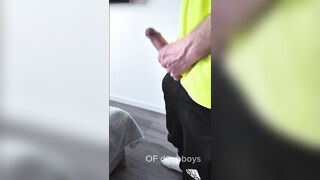 A sporty guy decided to relieve tension after coming home from the gym. Masturbation, lots of cum