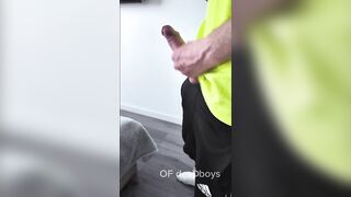 A sporty guy decided to relieve tension after coming home from the gym. Masturbation, lots of cum