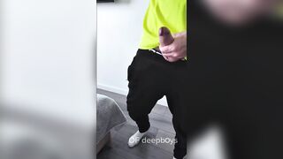 A sporty guy decided to relieve tension after coming home from the gym. Masturbation, lots of cum