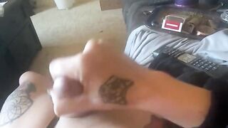 Hot trans girl with a big dick jerking off while roommate plays video games