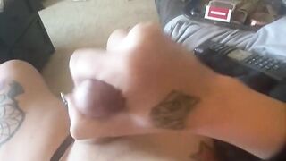 Hot trans girl with a big dick jerking off while roommate plays video games