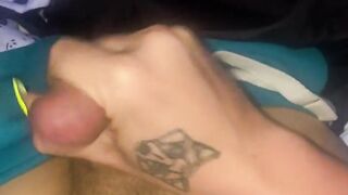 Playing with my dick while my roommate is in the room almost caught huge cum