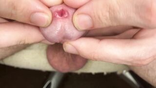 Close-up urethra, foreskin play, and jerking off to a creamy cumshot