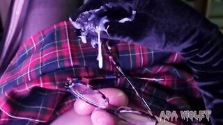 Femboy didn't cum for 15 days - balls bursted! Huge thick cumshot on sissy-glasses and play with it