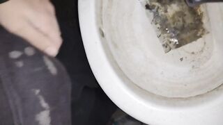 Hairy cock man pissing in old dirty sink