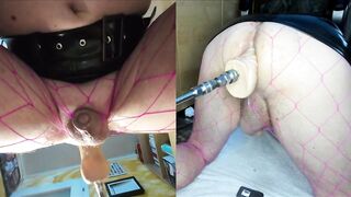 Dual View Crossdresser in shiny skirt and fishnet gets his anal pussy fucked by fucking machine, cock leaks