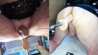 Dual View Crossdresser in shiny skirt and fishnet gets his anal pussy fucked by fucking machine, cock leaks