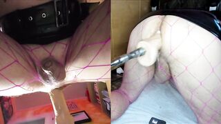 Dual View Crossdresser in shiny skirt and fishnet gets his anal pussy fucked by fucking machine, cock leaks